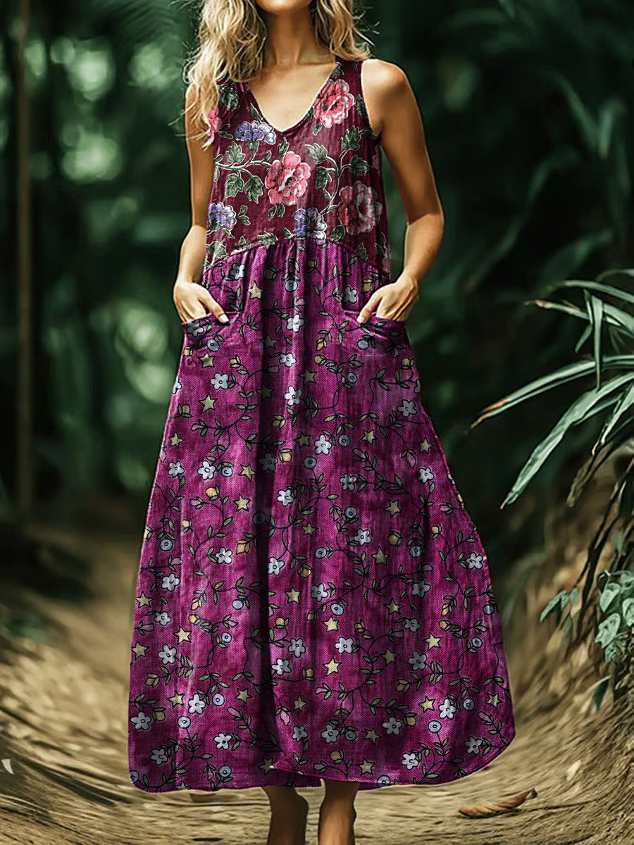 Vintage col en V bohème imprimé floral élégant Chic Loose Midi Dress A / S