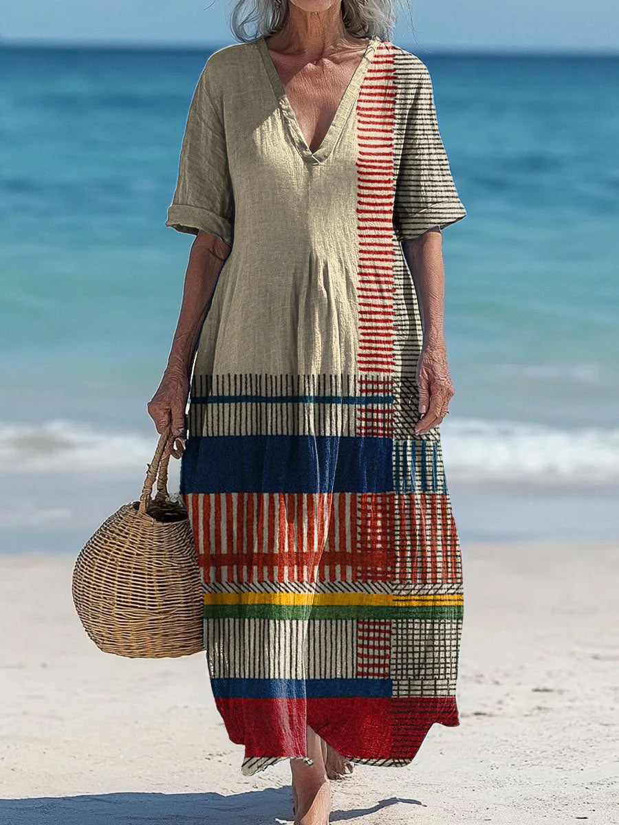 Rétro Boho Art Imprimé Col en V Vintage Loose Manches Courtes Midi Robe A / S