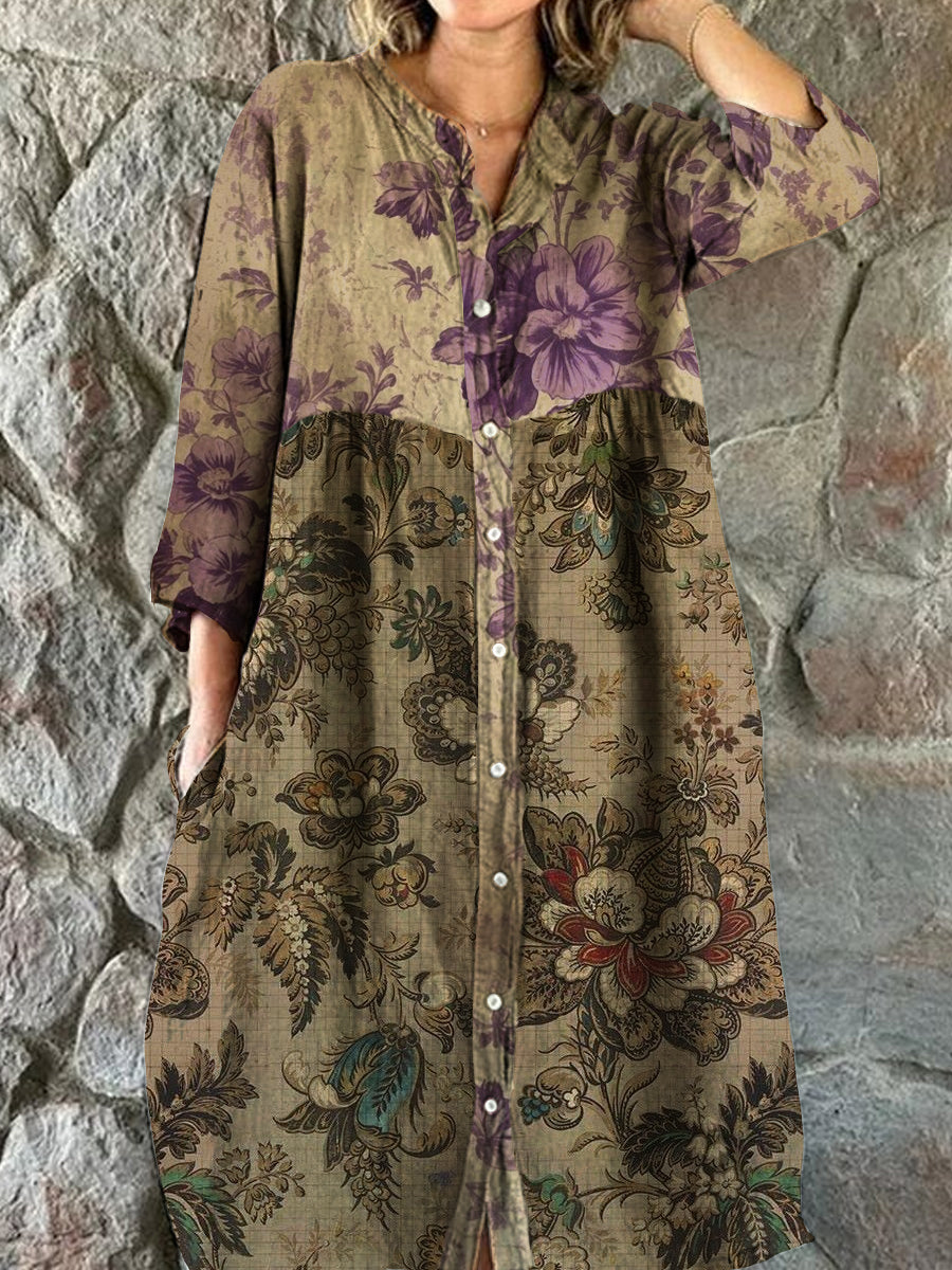 Vintage Bohème Floral Art Print Chic V cou trois quarts manches bouton robe élégante Midi A / S