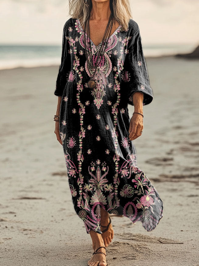 Vintage col en V bohème imprimé floral élégant Chic Loose Midi Dress A / S