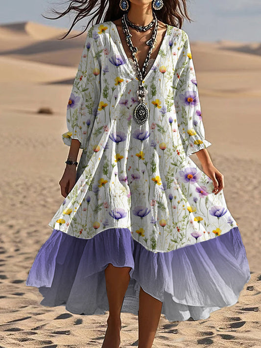Vintage col en V bohème imprimé floral élégant Chic Loose Midi Dress A / S