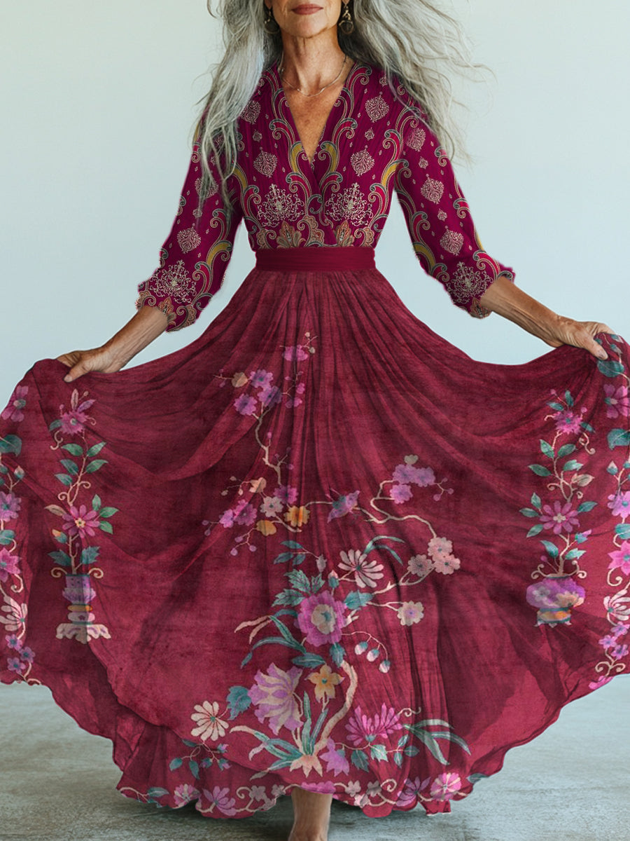 Rétro Boho Floral Art Imprimé Vintage Col en V à manches longues Midi Dress A / S