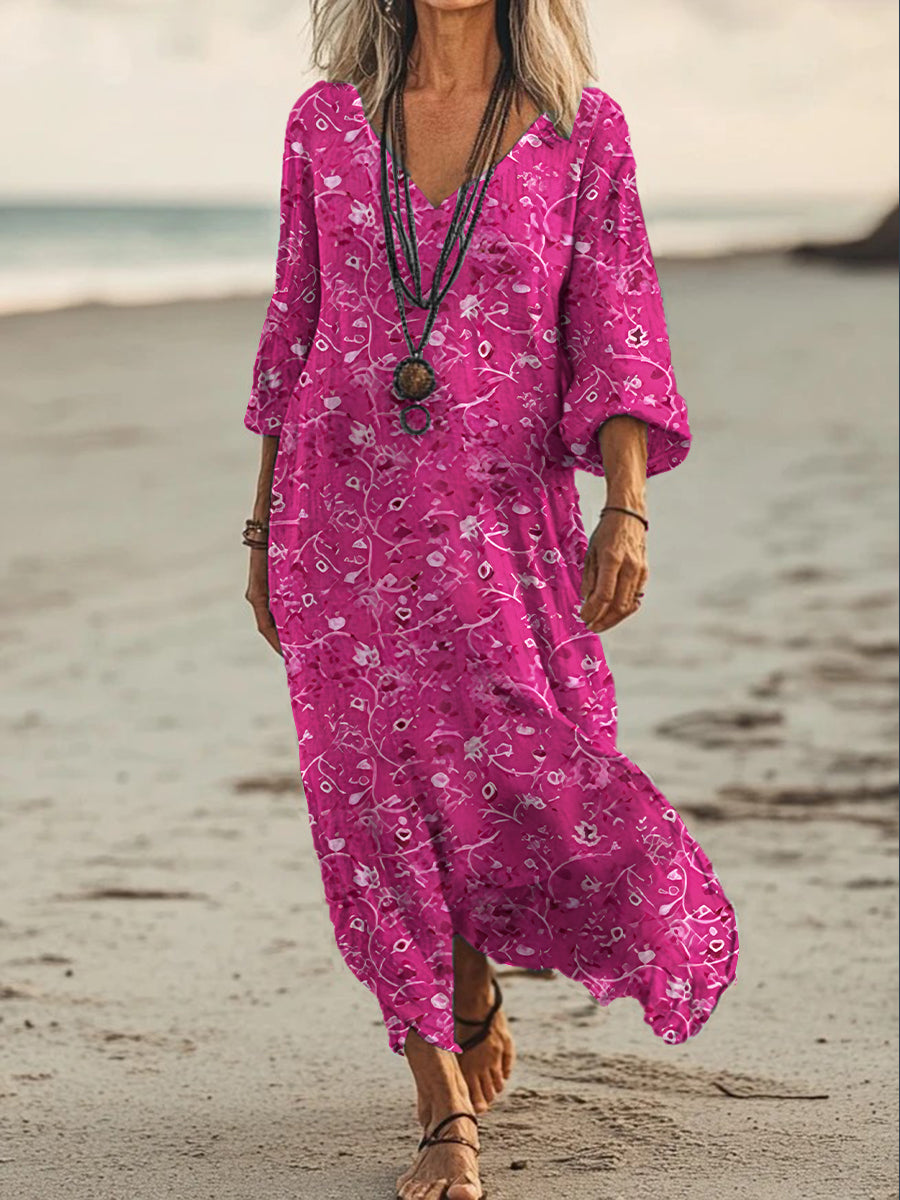 Vintage col en V bohème imprimé floral élégant Chic Loose Midi Dress A / S