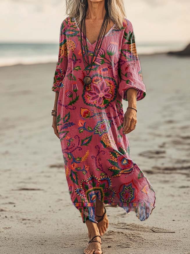 Vintage col en V bohème imprimé floral élégant Chic Loose Midi Dress A / S
