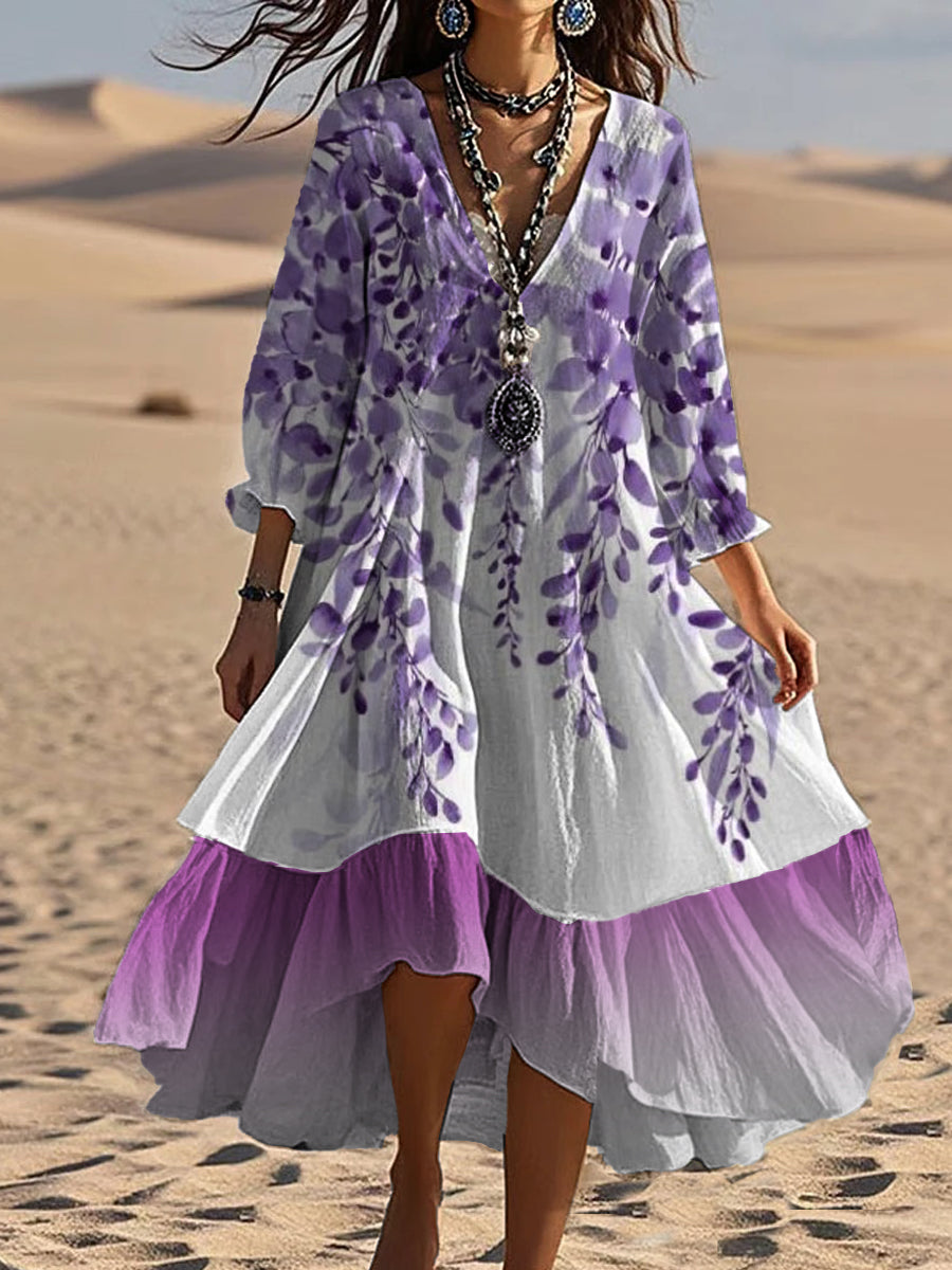 Vintage col en V bohème imprimé floral élégant Chic Loose Midi Dress A / S