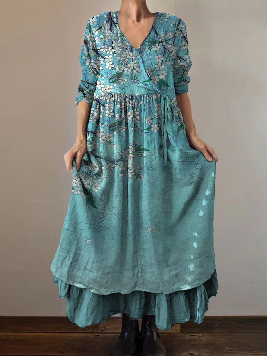Retro Boho Floral Print Vintage col en V Double ourlet en coton à manches longues Midi Dress A / S