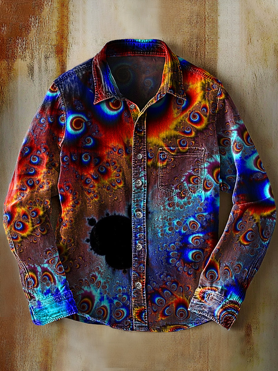 Unisexe Simple Rétro Mode Coloré Art Imprimer Revers Chemise de Poche à Manches Longues A / S