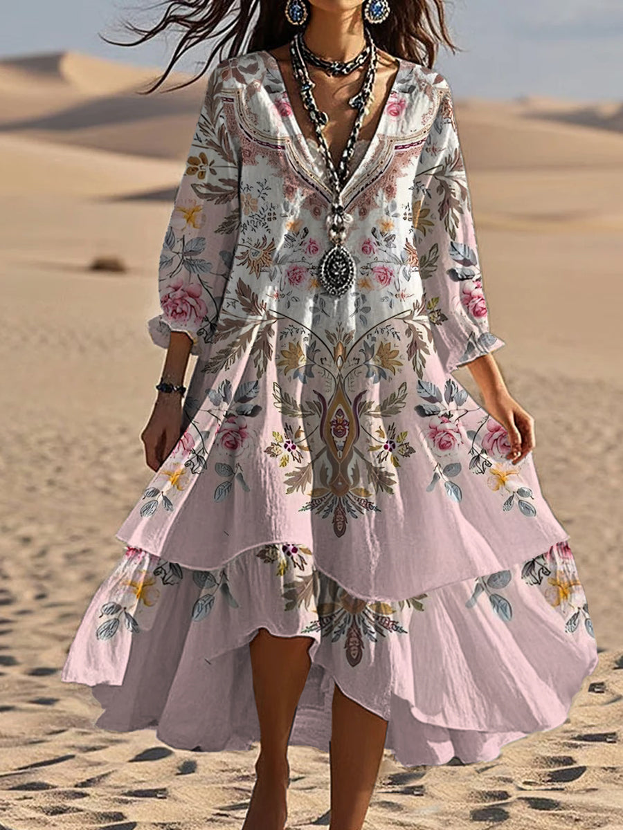 Vintage bohème en forme de V Floral Art Print Casual mode élégante Double robe A / S