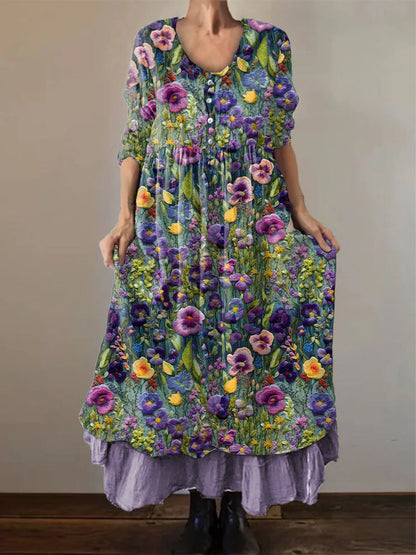Les femmes de la conscience de la maladie d’Alzheimer fleur pourpre imprimé coton lin manches longues Maxi Dress Violet