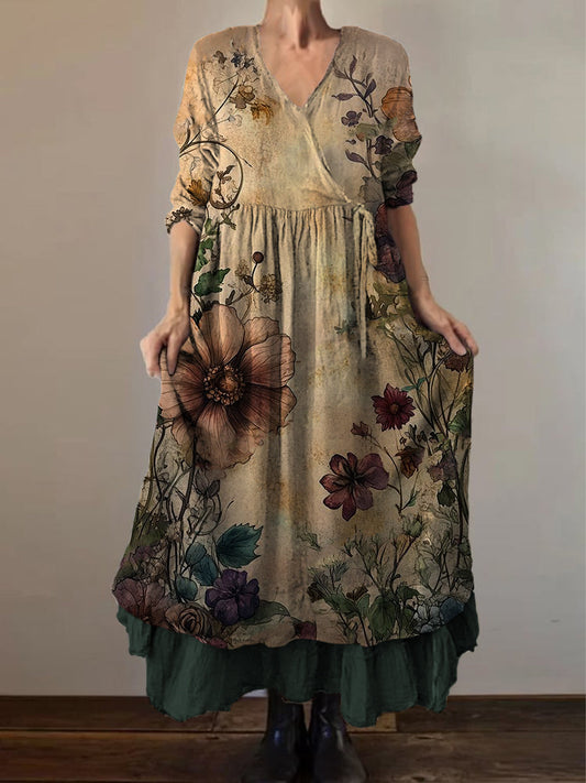 Retro Boho Floral Print Vintage col en V Double ourlet en coton à manches longues Midi Dress A / S