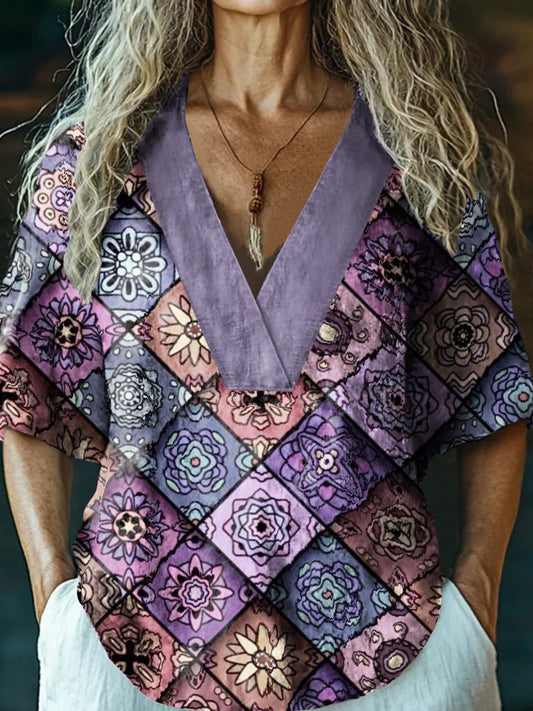 Haut en coton et lin décontracté à col en V imprimé floral Boho pour femmes coloré / S