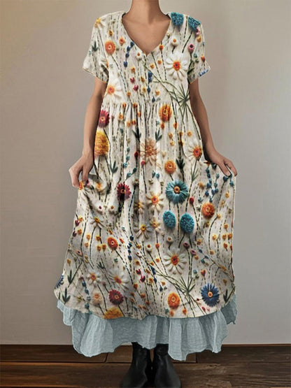 Vintage broderie stéréoscopique imprimé à manches courtes col en V double couche robes femmes