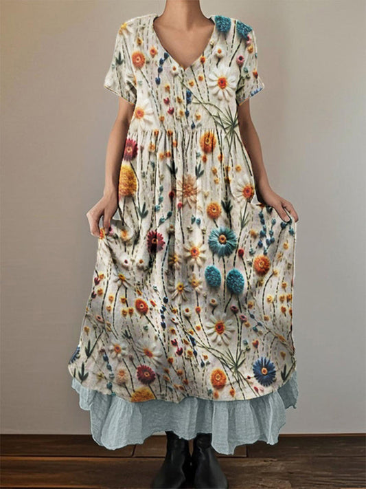 Vintage broderie stéréoscopique imprimé à manches courtes col en V double couche robes femmes