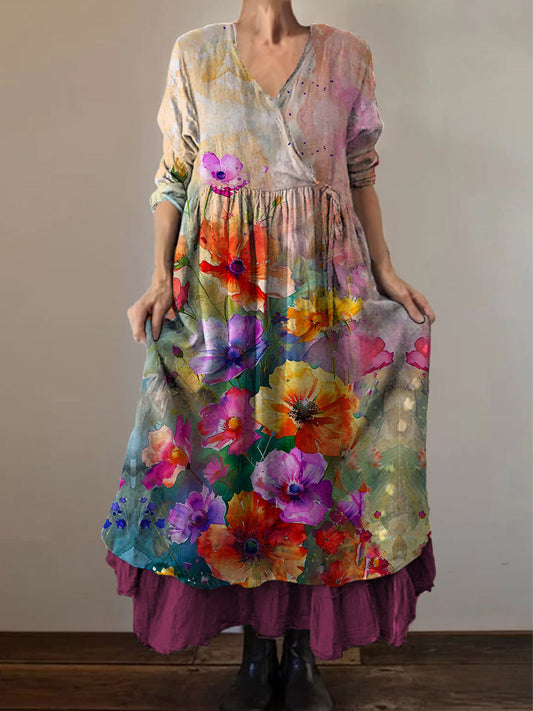 Retro Boho Floral Print Vintage col en V Double ourlet en coton à manches longues Midi Dress A / S