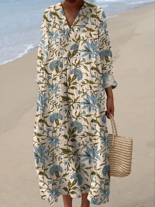 Robe décontractée vintage à imprimé floral pour femmes Bleu / S