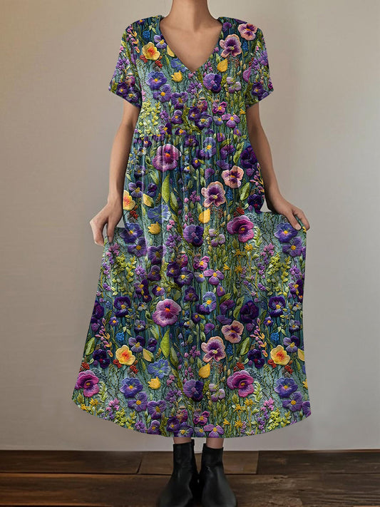La conscience de la maladie d’Alzheimer pourpre imprimé floral col en V élégante robe à manches courtes pour femmes