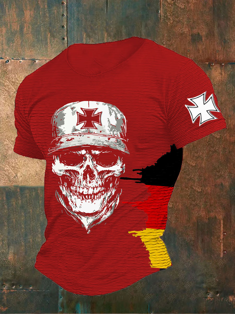 T-shirt allemand à imprimé crâne en croix de fer pour hommes Rouge / S