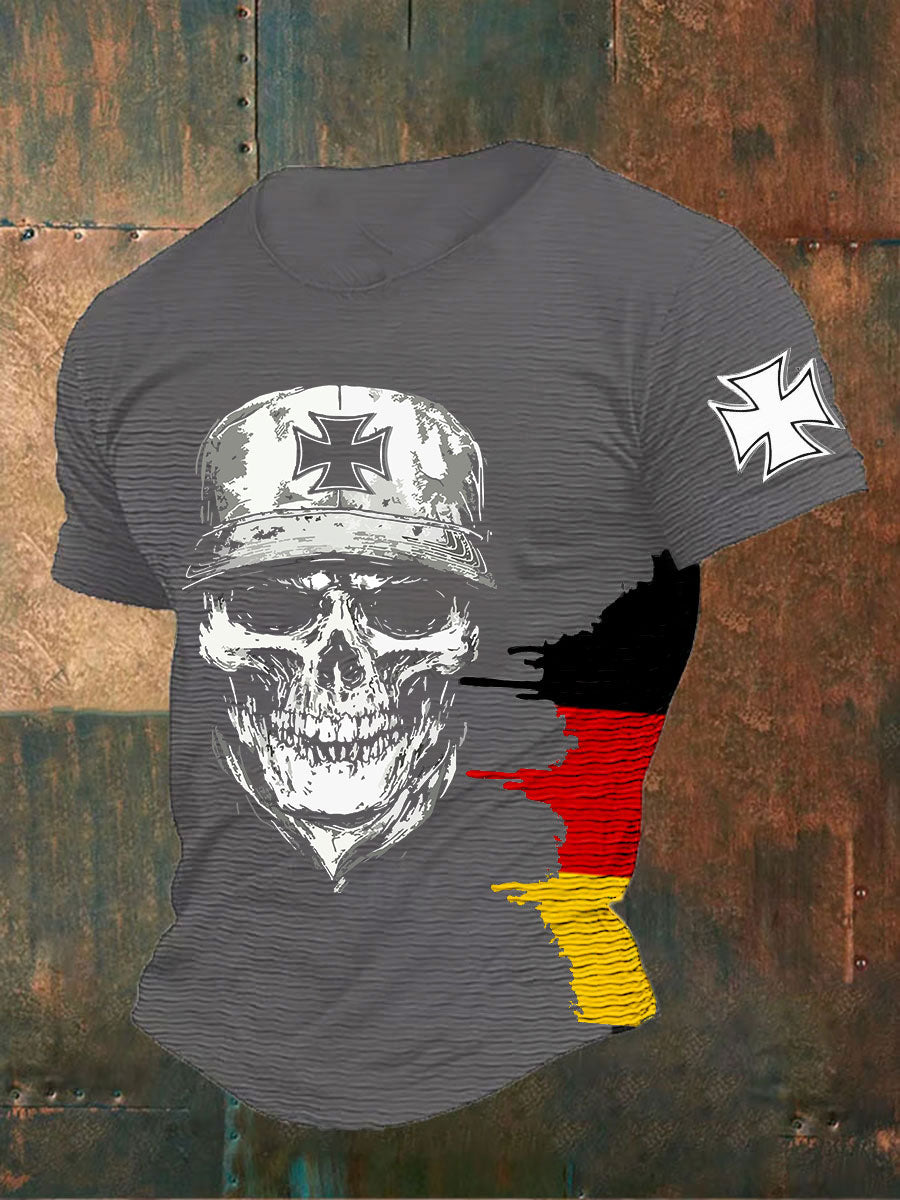 T-shirt allemand à imprimé crâne en croix de fer pour hommes Gris / S
