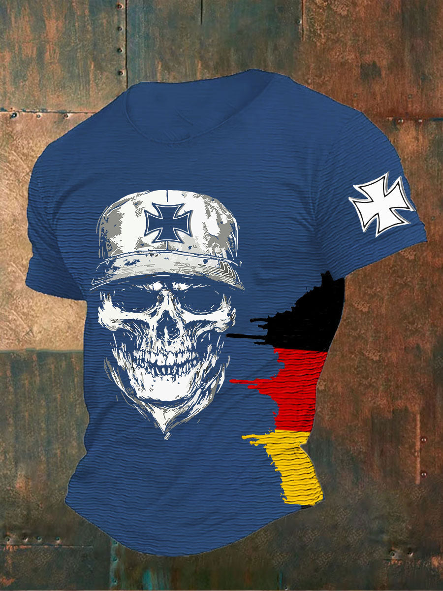 T-shirt allemand à imprimé crâne en croix de fer pour hommes Bleu / S
