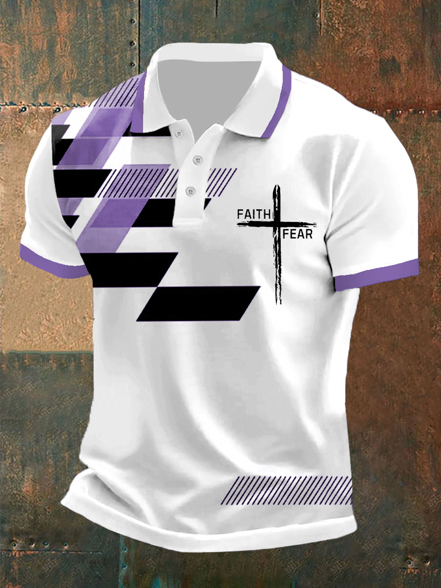 Hommes Faith Sur La Peur Croix Faith Géométrique Imprimer Polo Décontracté Violet / S