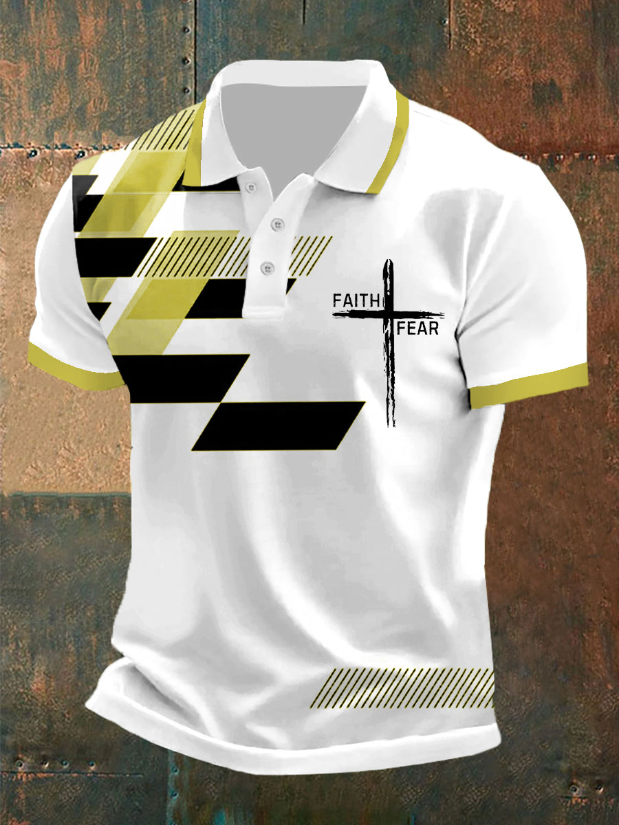Hommes Faith Sur La Peur Croix Faith Géométrique Imprimer Polo Décontracté Jaune / S