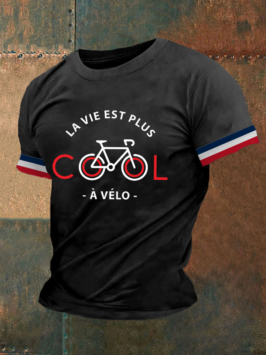 T-shirt à manches courtes imprimé La Vie Est Plus Cool à Vélo Homme Noir / S