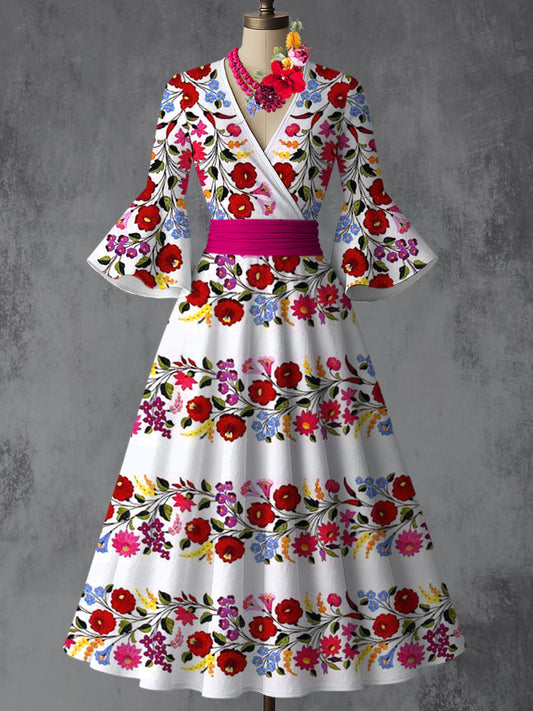 Mexicain Fiesta Floral Art Imprimé Col en V Vintage Chic Plissé Taille Flare Manches Midi Robe A / S