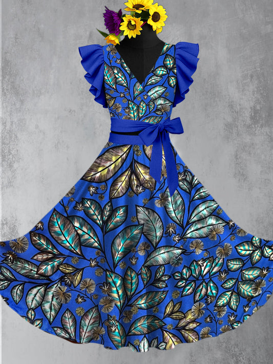 Rétro Floral Art Imprimé Vintage Unique Croix Wrap à volants manches courtes robe Midi deux pièces A / S