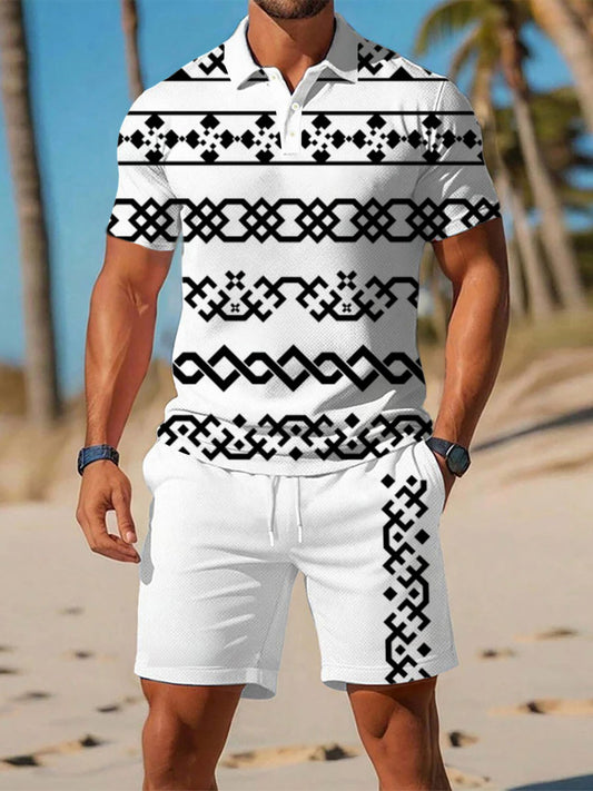 Polo décontracté imprimé géométrique artistique à manches courtes pour hommes