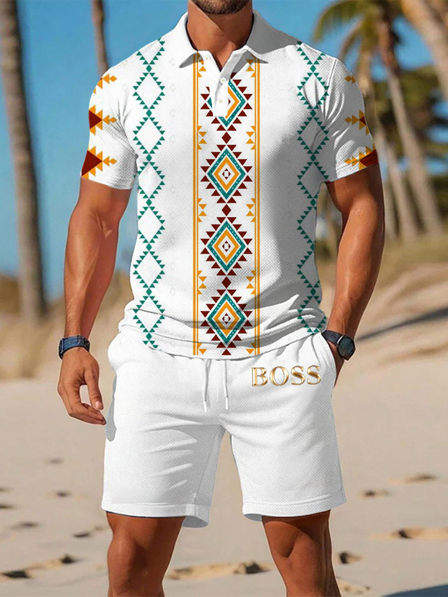 Polo décontracté imprimé géométrique artistique à manches courtes pour hommes