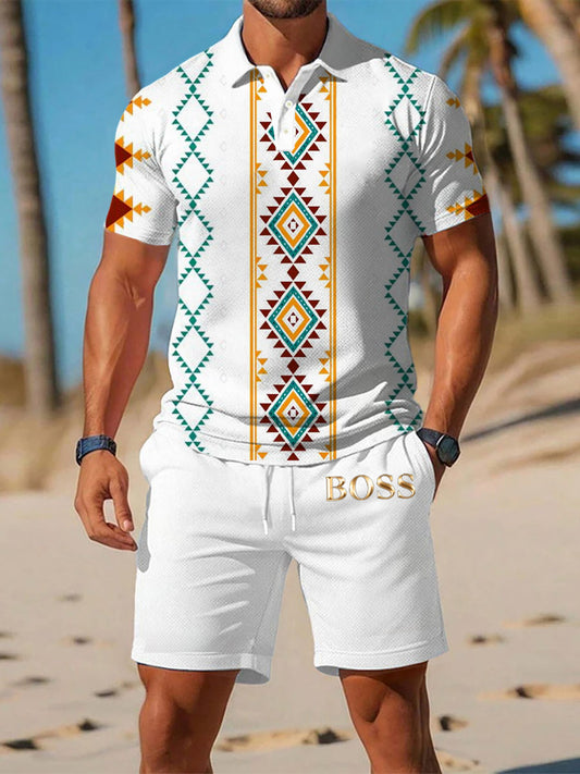 Polo décontracté imprimé géométrique artistique à manches courtes pour hommes