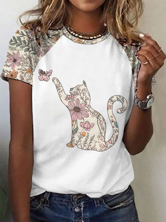 T-shirt décontracté imprimé chat fleurs sauvages pour femmes