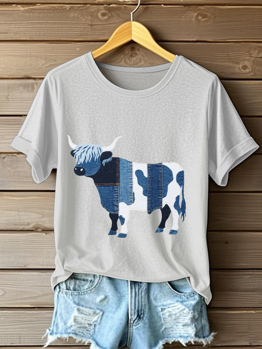 T-shirt Denim Highland Cow Femme