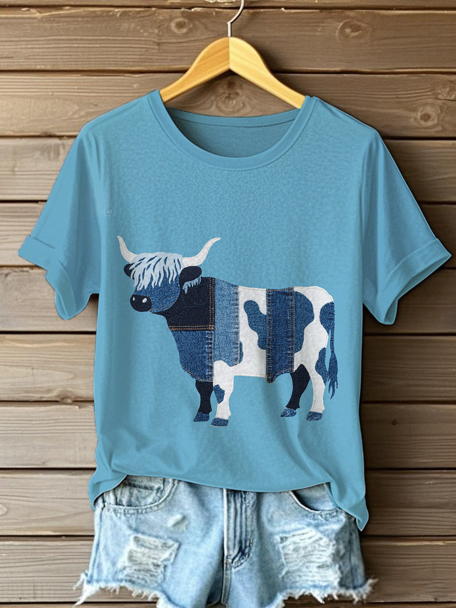 T-shirt Denim Highland Cow Femme
