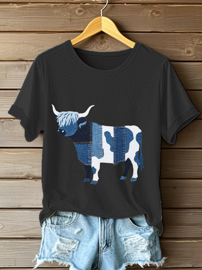 T-shirt Denim Highland Cow Femme