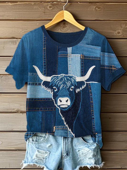 T-shirt Denim Highland Cow Femme