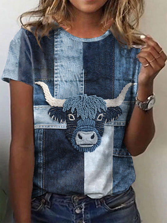T-shirt Denim Highland Cow Femme