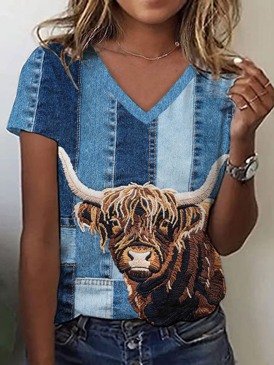 T-shirt Denim Highland Cow Femme
