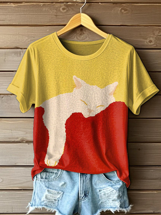 T-shirt mignon d'impression d'art de chat des femmes