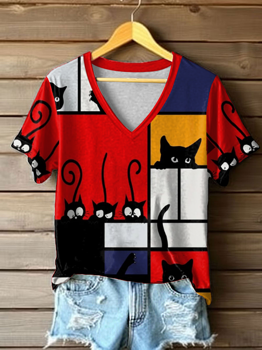 T-shirt à imprimé Cat Line Art Femme
