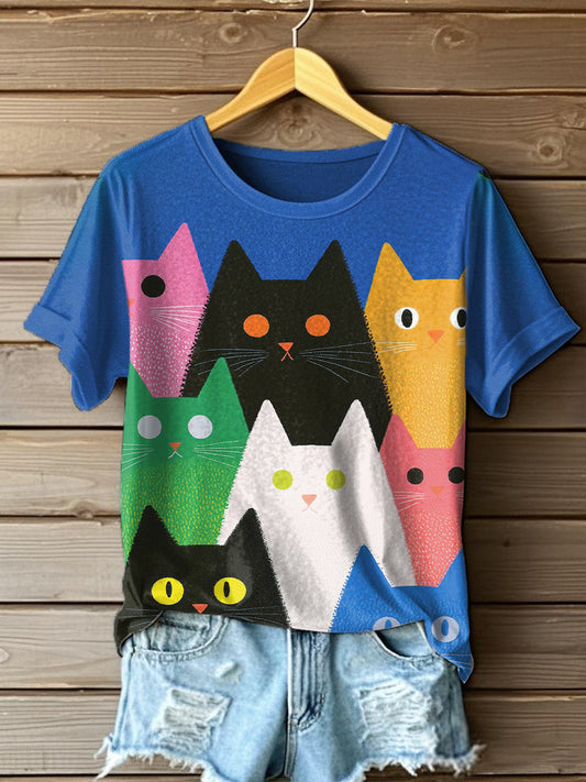 T-shirt coloré d'impression d'art de chat des femmes