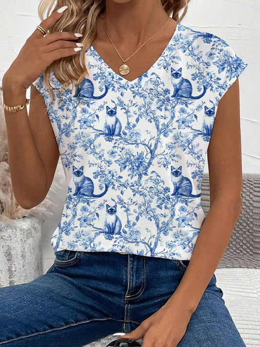 T-shirt décontracté à imprimé chat siamois pour femmes