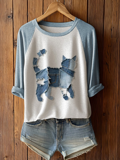 T-shirt à manches longues mignon chat patchwork art femmes