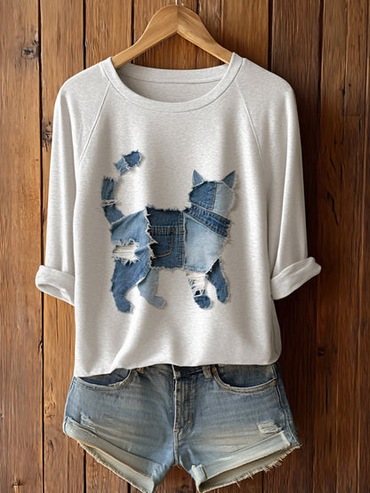 T-shirt à manches longues mignon chat patchwork art femmes