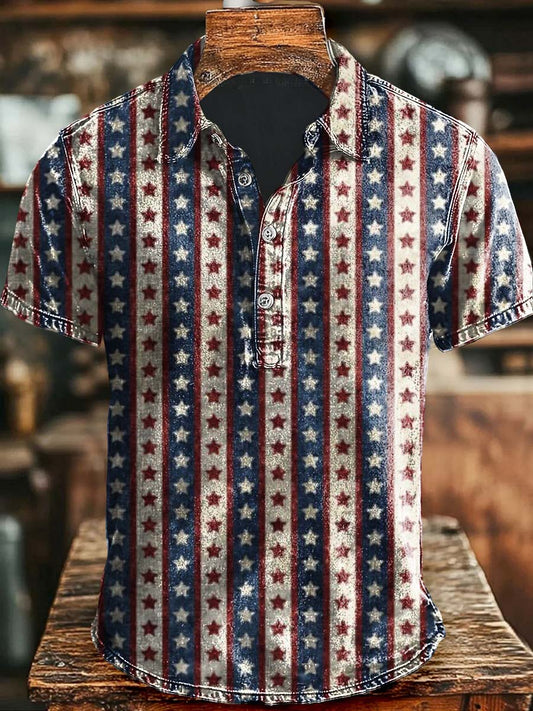 Polo décontracté à manches courtes à imprimé étoile Vintage Independence Day