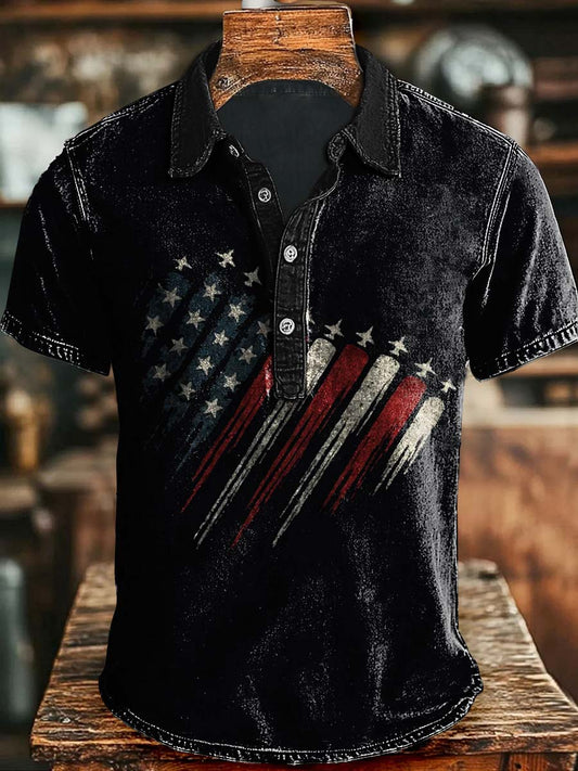 Jour de l'Indépendance Avion Drapeau Coeur Imprimé Casual Polo à Manches Courtes