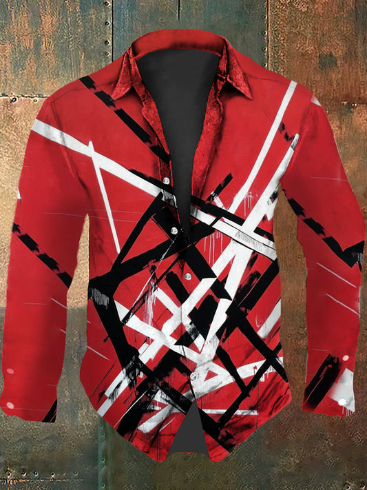 Vintage VH Guitar Lines Abstract Print Casual Chemise à manches longues pour hommes
