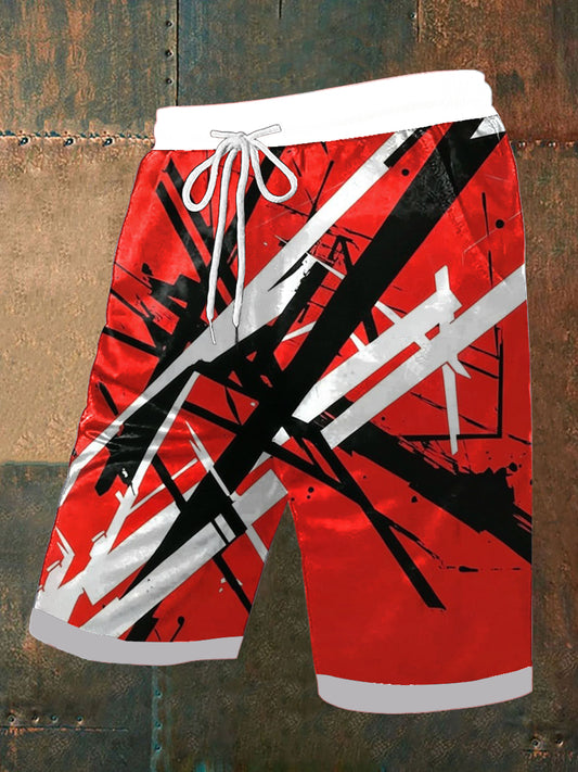 Vintage Guitar Lines Music Festival Graffiti Abstract Print Casual Pocket Drawstring Shorts pour hommes