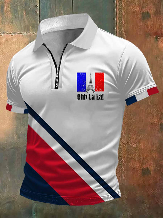 Ohh La La Print Zip-Up Polo Neck T-shirt à manches courtes