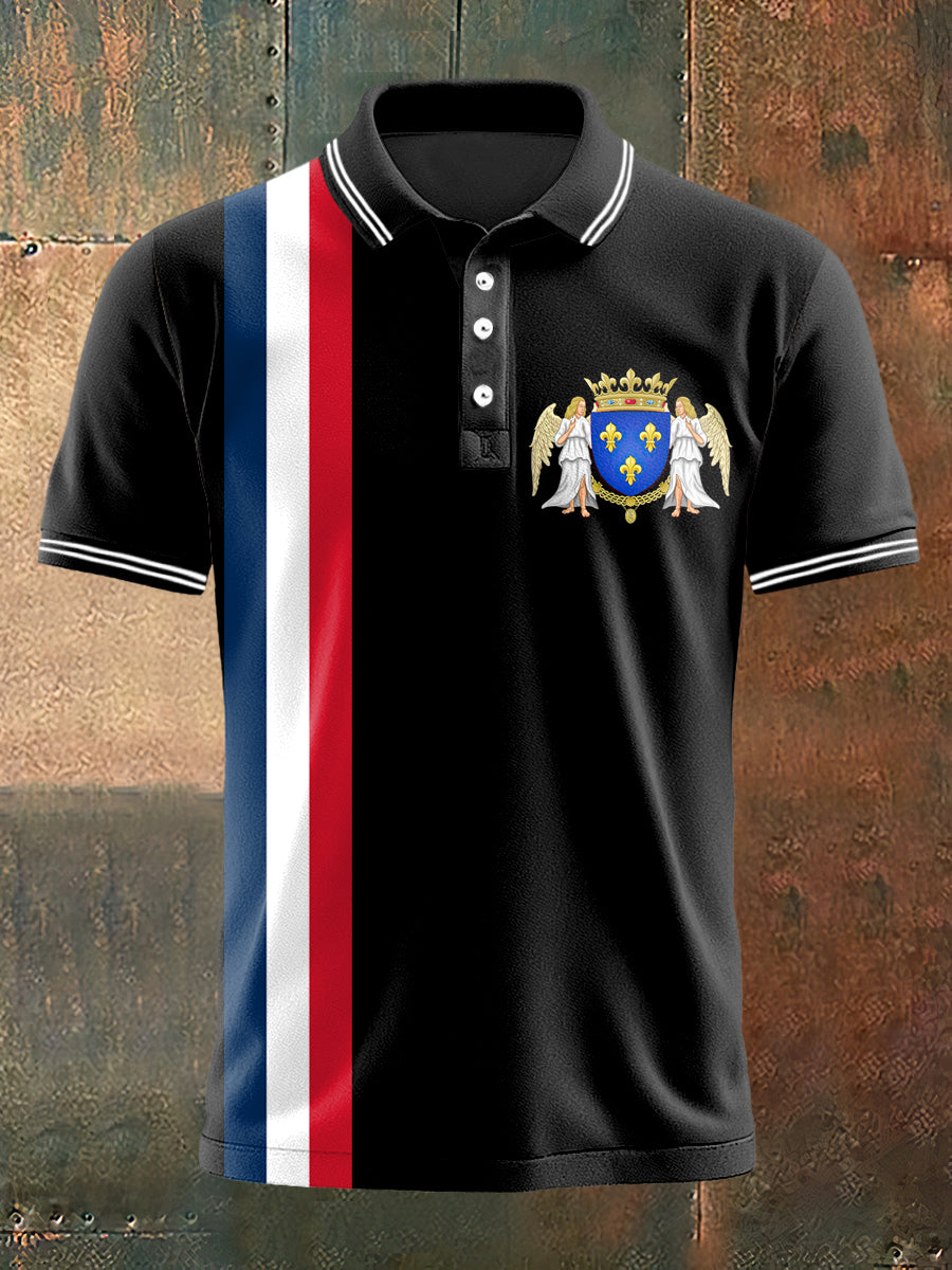 Fleur-de-lys Emblème Et Ange Imprimer Polo Neck T-shirt à manches courtes